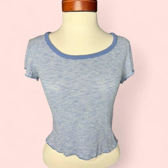 Abercrombie & Fitch XS Lettuce Hem Ribbed Baby Tee Crop Top – Blue Stripe Y2K - Picture 1 of 8